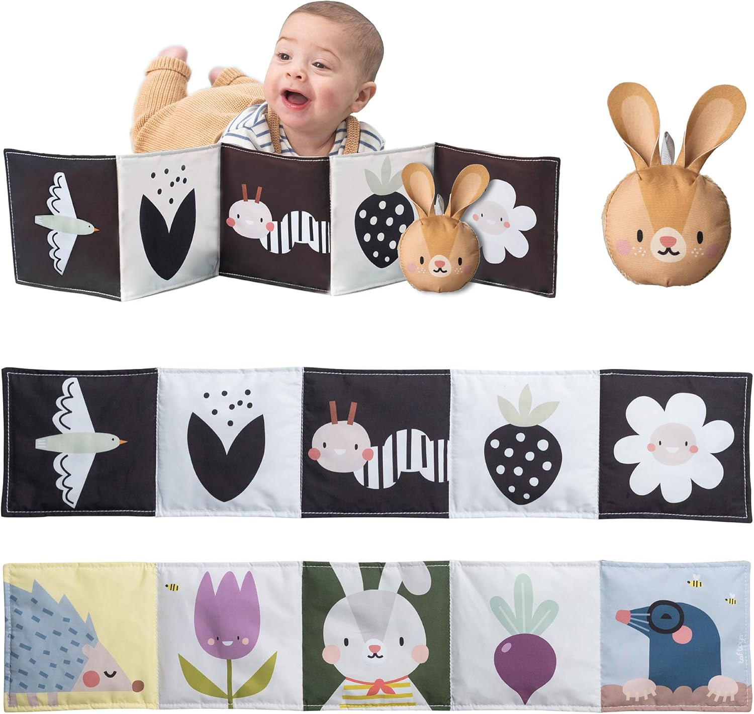 Taf Toys Bunny Pram Book & Toy Set | High Contrast Black & White Infant Visual Stimulation | Soft Fabric for Newborn Cognitive Development | Baby Essential Montessori Toy for 0-6 Months image number 3