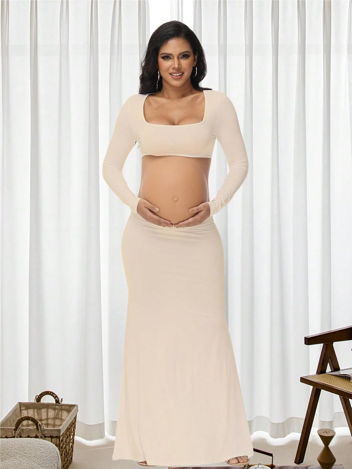 Justvh Maternity Dress for Photoshoot Solid Cut Out Backless Long Sleeve Maxi Photography Pregnancy Dress for Women image number 4