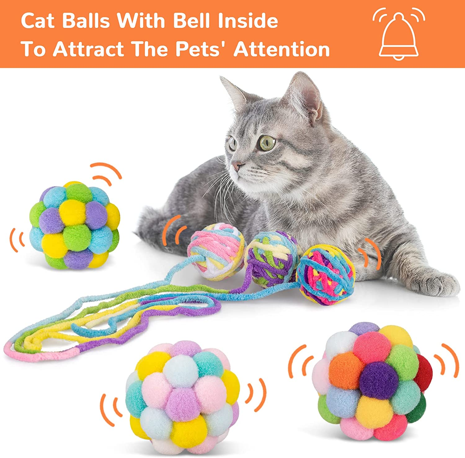 Retro Shaw Cat Toys Ball 6 Pcs,Yarn Cat Balls with Bells Inside,Interactive Kitten Toys for Indoor Kitten Chew,Kitty Toys Fuzzy Ball with String image number 1