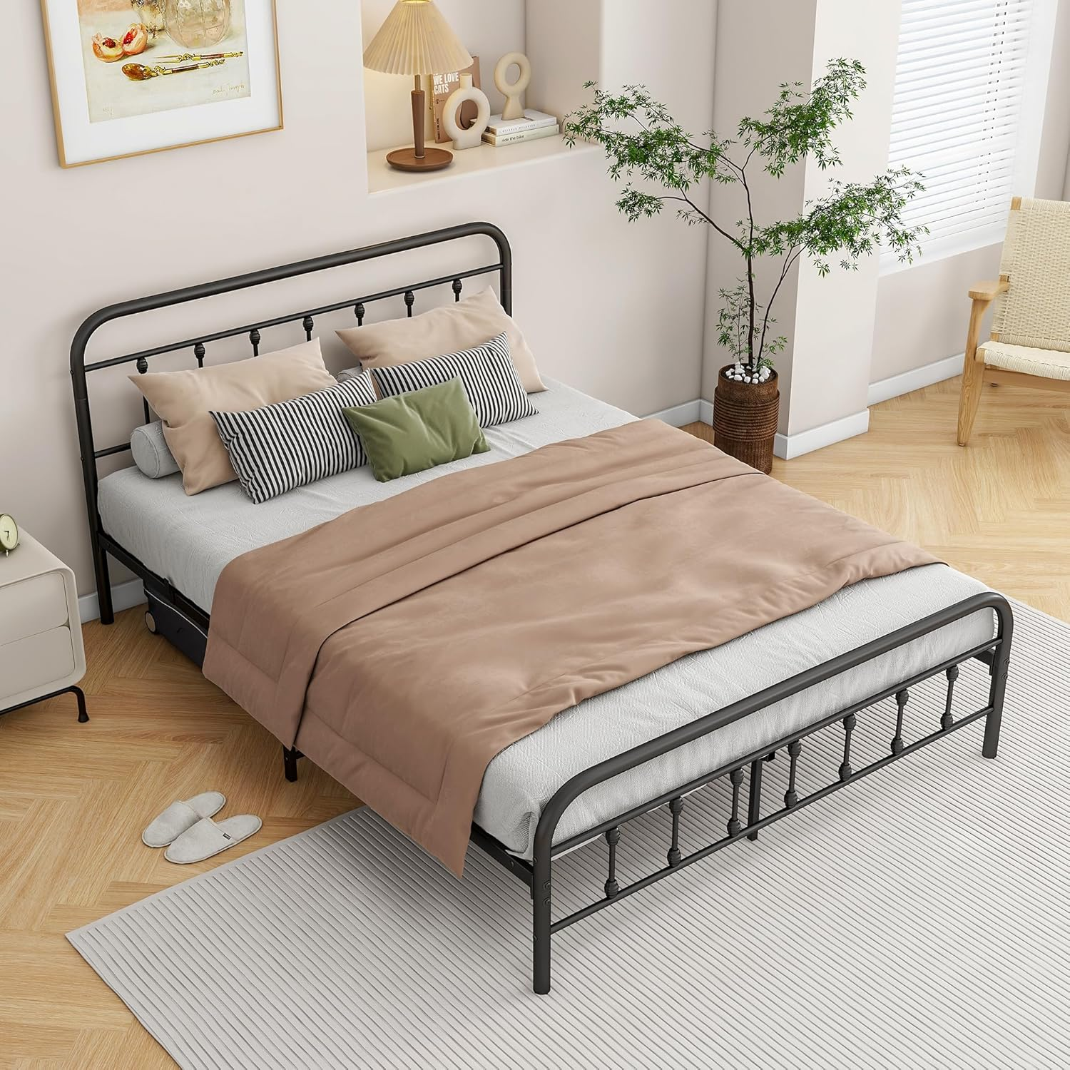 Vintage Queen Size Bed Frame with Headboard and Footboard, Queen Bed Base with Heavy Duty Metal Platform Bed Frame Steel Slat Support (Queen, Black Sanded) image number 1