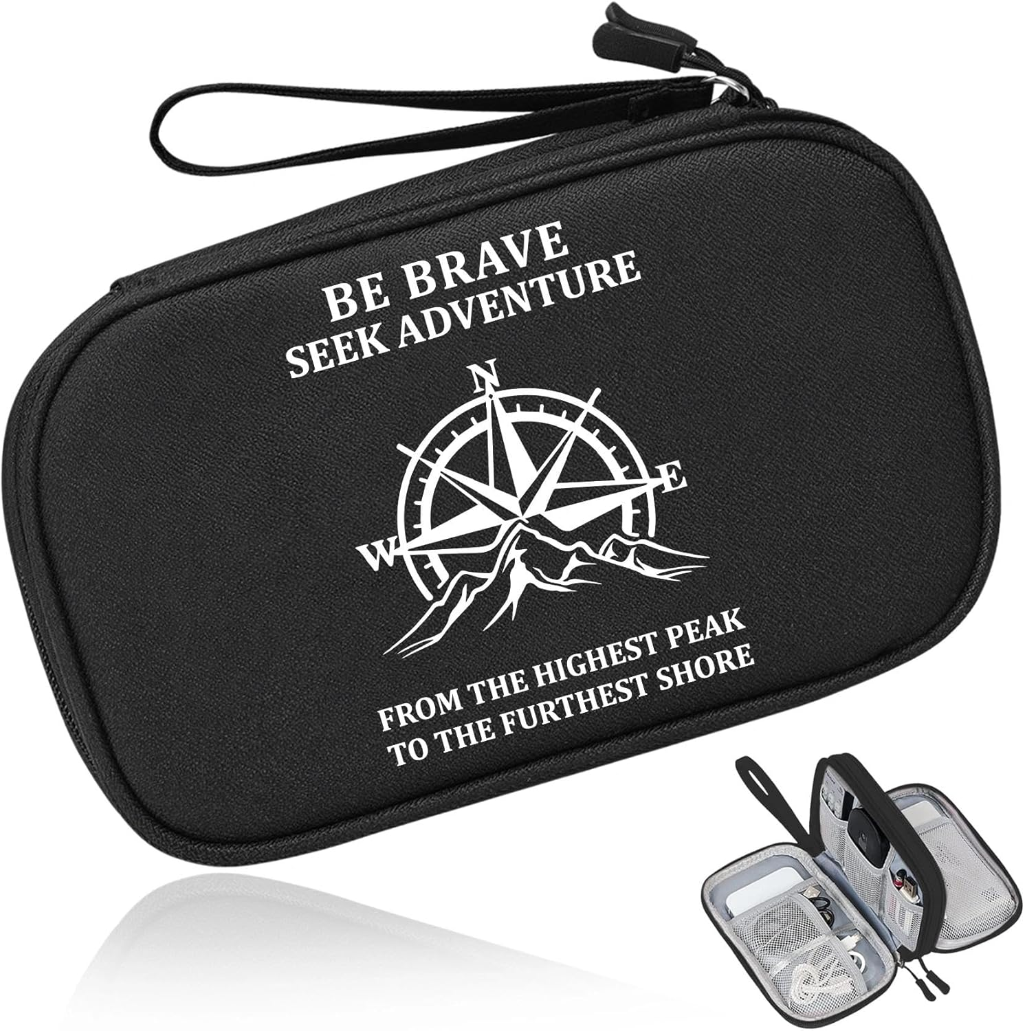 COSHAYSOO Electronics Organizer Bag Travel with Chenille Letter Patch TECH Traveling Must Have Accessories Cute Personalized Gift for Women Cable Cord Charger Storage Pouch (Greenish Blue) - Black-Seek Adventure