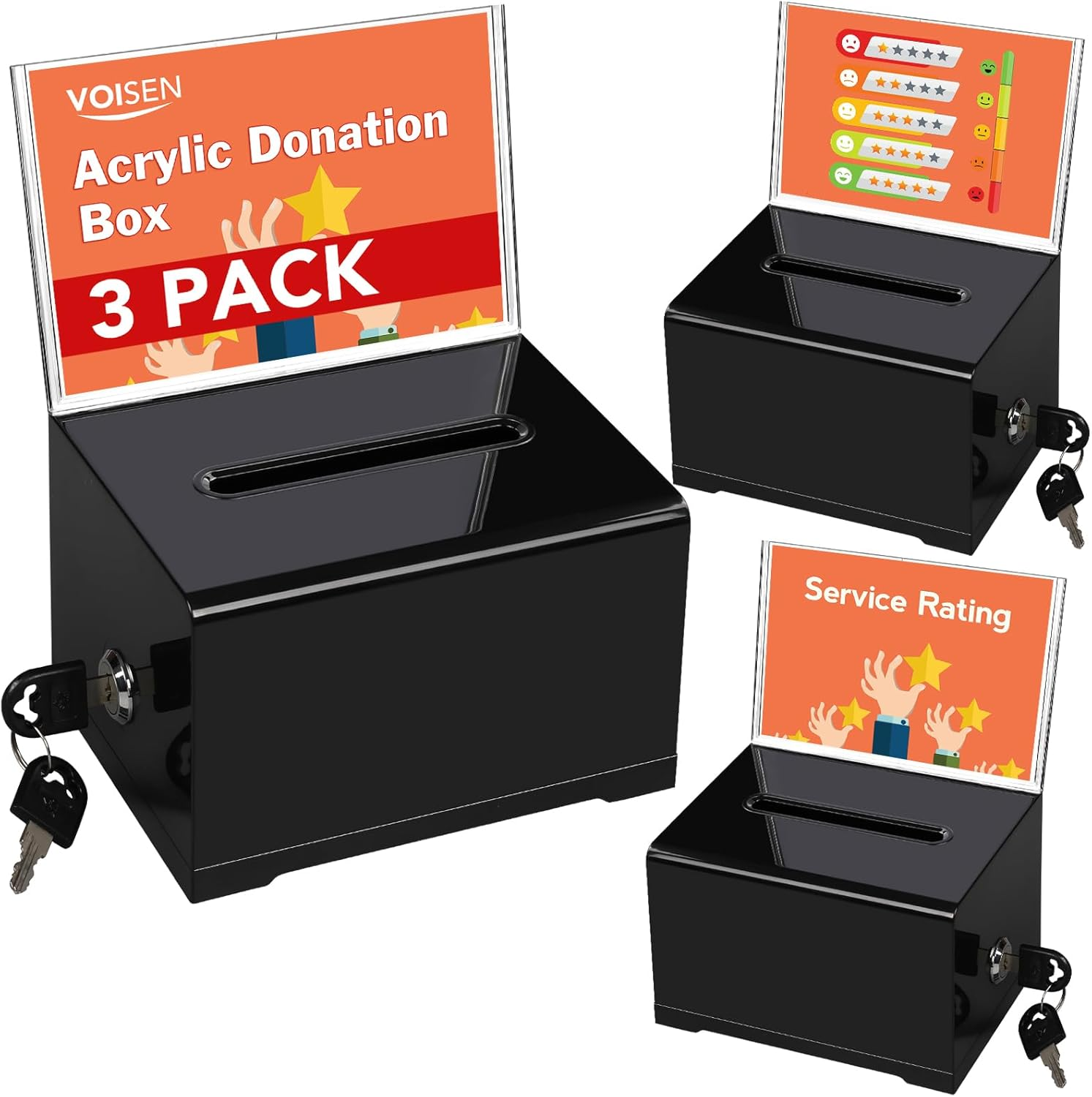 VOISEN Acrylic Donation Box with Lock, Black Tip Jar with Sign Holder, Suggestion Box for Fundraising, Donation, Bar, School Voting, 6.2X4.6X3.9 Inch