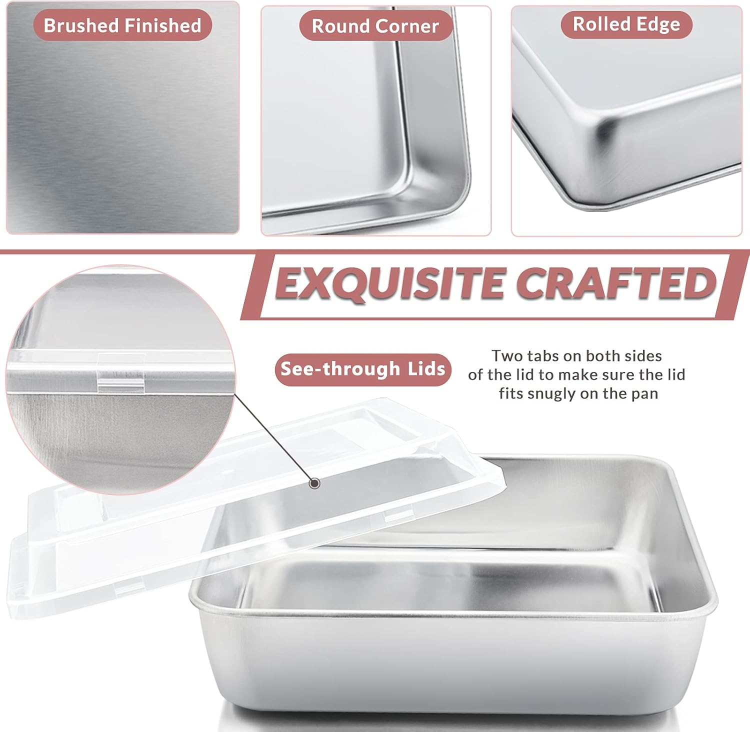 E-Far 6/8/9-Inch Square Cake Pan with Lid Set, Square Baking Brownie Pans Stainless Steel Bakeware Set of 3, Non-Toxic & Healthy, Easy Clean & Dishwasher Safe - 6 Pieces(3 Pans + 3 Covers) image number 4