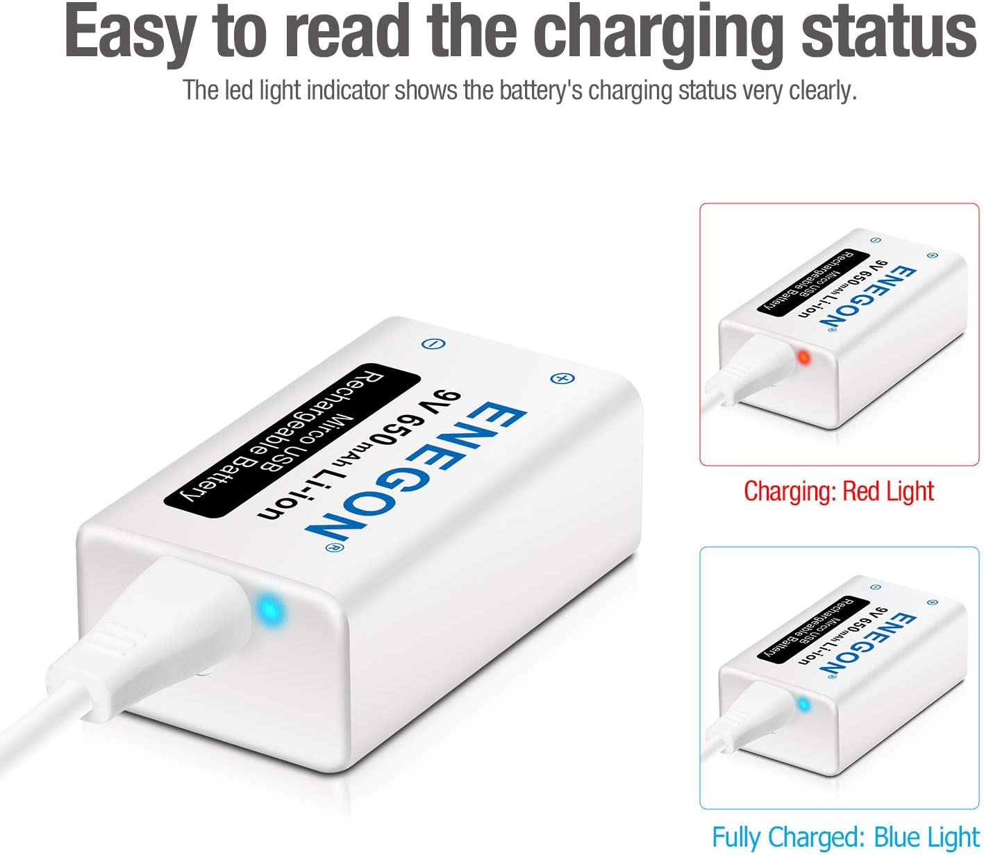 ENEGON 9V Direct USB Rechargeable Lithium-Ion 650Mah (5850Mwh) Batteries with 2 in 1 Micro USB Cable for Micro Phone, Smoke Alarms, Electronic Toys, Walkie-Talkie and More Devices (4-Pack) image number 3