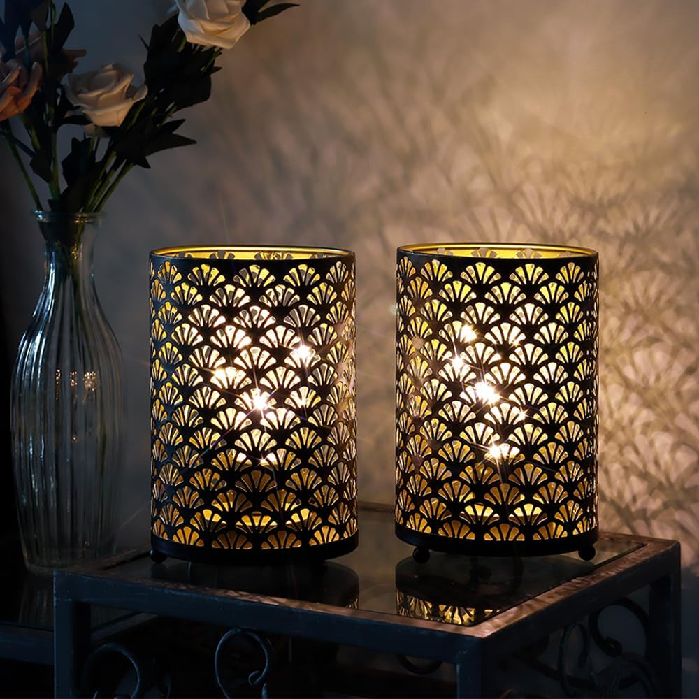 TRIROCKS Set of 2 Battery Operated Lamp 16Cm Tall Metal Cordless Table Lamp Bronze Lanterns with Warm Fairy Lights Bulb for Patio Garden Wedding Parties Indoor Outdoor(Scalloped Hollow Pattern) - Brown image number 3