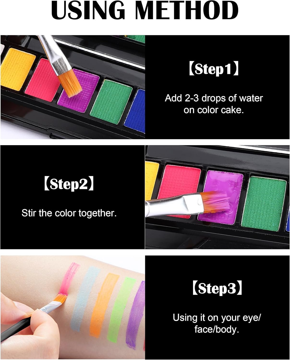 Erinde Professional Face Body Paint Palette, 10 Colors Vibrant Safe for Adults, Water-Based Highly Pigmented Makeup Kit for Halloween, Cosplay, Festivals, Long Lasting Easy Wash off 2# image number 6