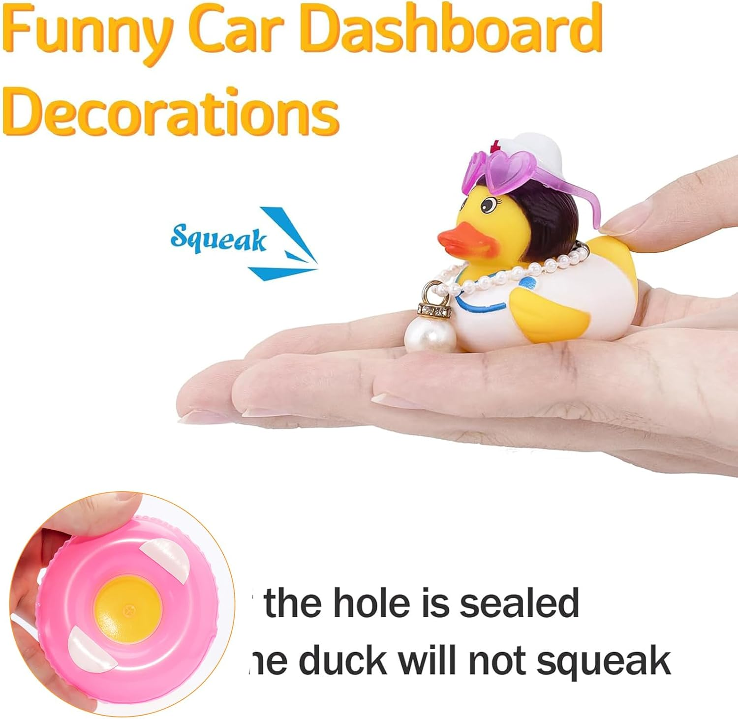 Wonuu Car Rubber Duck Car Duck Decoration Dashboard Car Ornament for Car Dashboard Decoration Accessories with Mini Swim Ring Necklace and Sunglasses, A_Nurse Duck_Pink Swim_Heart Glasses_Big Pearl image number 1