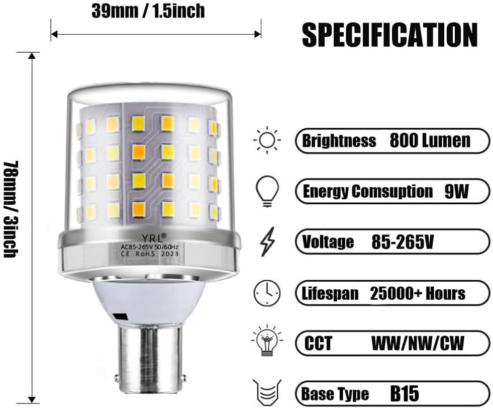 Mini LED Corn Bulbs 9W, B15 Bayonet Light Bulbs, Warm White 3000K, 80W Incandescent Equivalent, 800LM Non-Dimmable, Corn Light for Home Lighting, Pack of 4 (3000K-Warm White, B15) image number 1