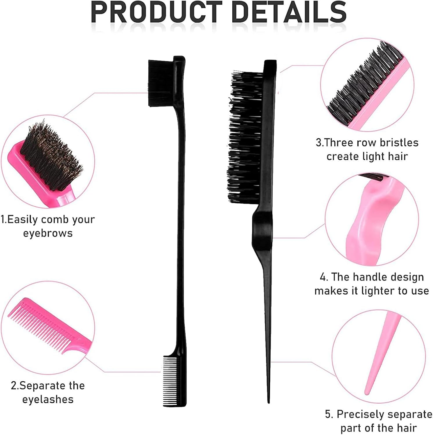 8Pcs Hair Styling Comb Set, Includes Hair Teasing Brush Rat Tail Comb Double-Sided Edge Brush Hair Clips for Women Girls Combing Styling Hair (Black) - Black image number 5