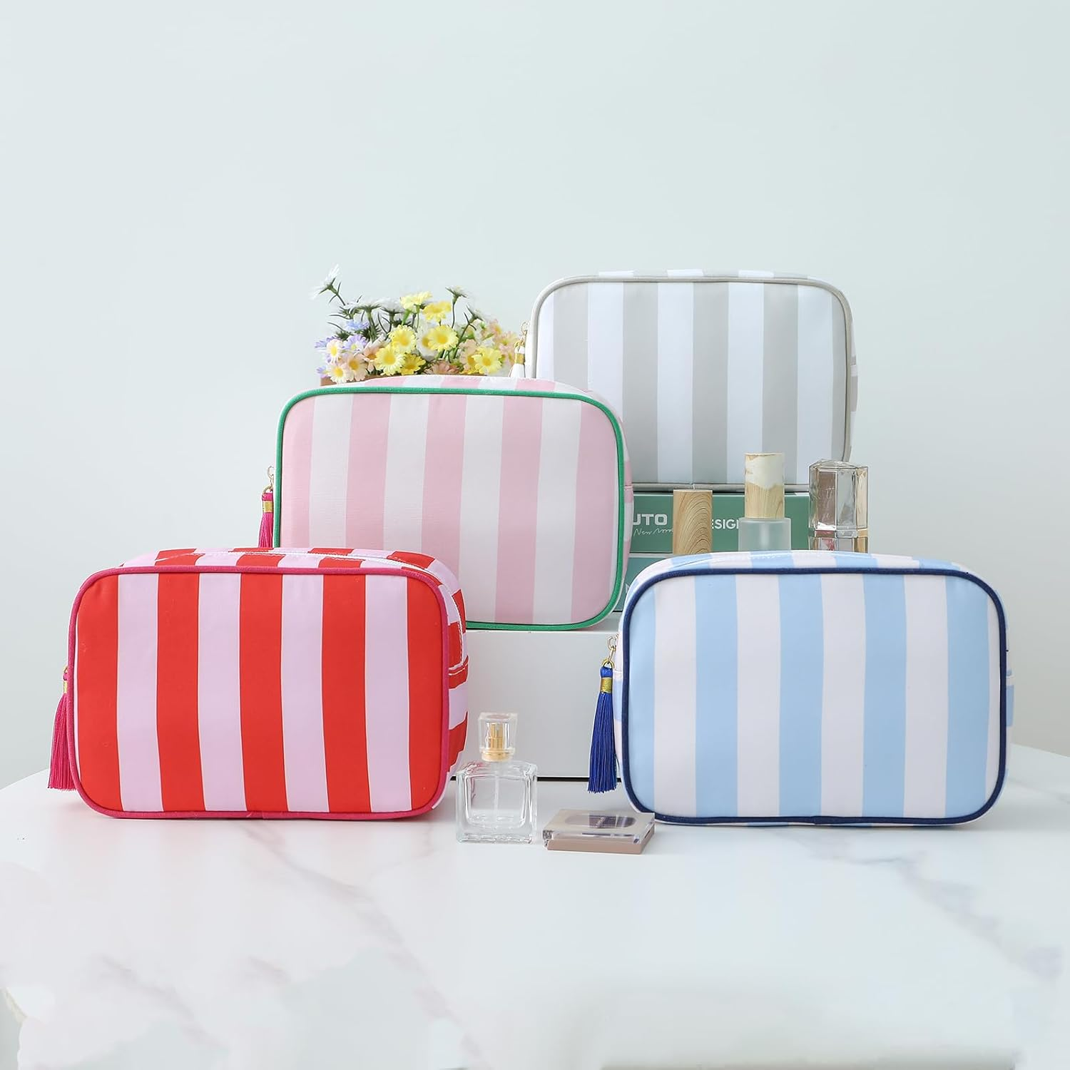 EMBRUNIOICE Stripe Makeup Bag Travel Cosmetic Bag Organizer Tassel Toiletry Bag Large Canvas Zipper Pouch and Accessories Storage Bag for Women, Red& Pink