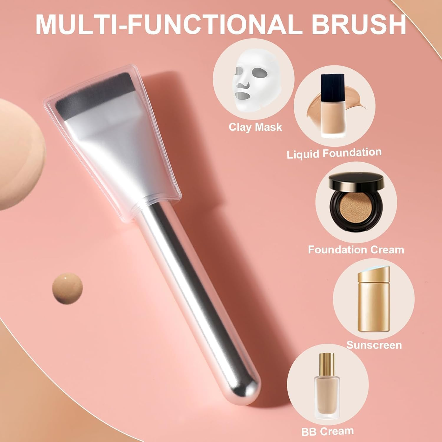 Flat Foundation Brush for Liquid Makeup, with Powder Puff Fast Flawless Flat Top Kabuki Makeup Brushes Face Cosmetics Concealer Brush for Liquid, Blending, Powder, Blush,【 Silver】 image number 4