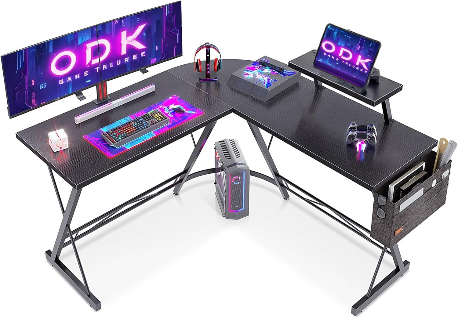 ODK Gaming Desk 127X127X77Cm, L Shaped Desk with Monitor Stand&Storage Bag, Metal Legs, Corner Gaming Table with Headphone Hook for Home Office Bedroom Study, Black image number 4