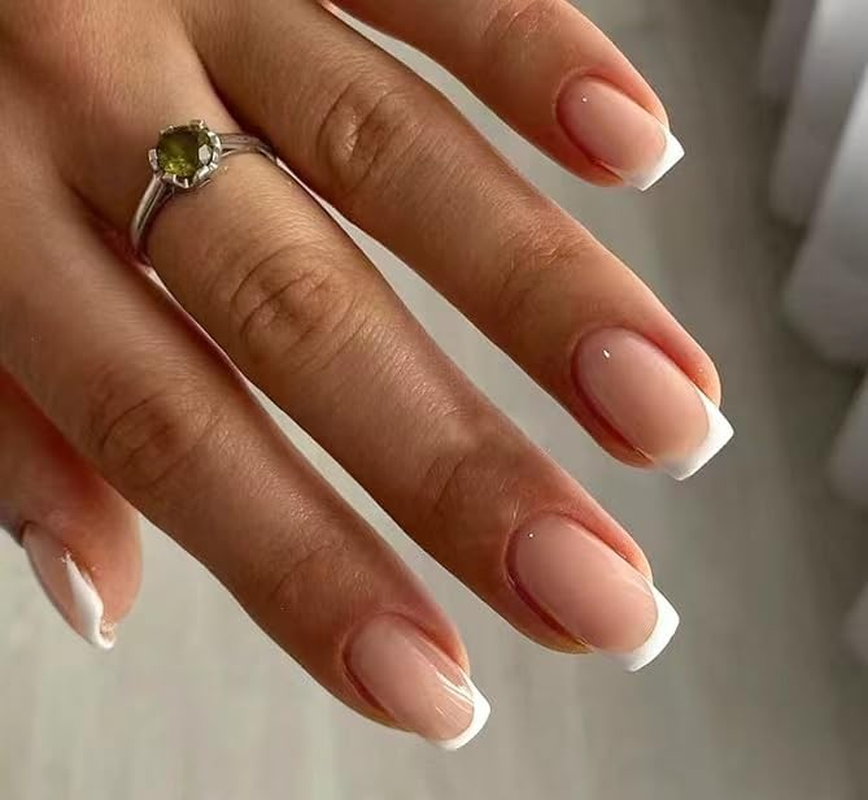 Mouyouglow Press on Nails Short, Square Nude White French Fake Nails with Nail Glue, Natural White Tip Artificial Fingernails image number 4
