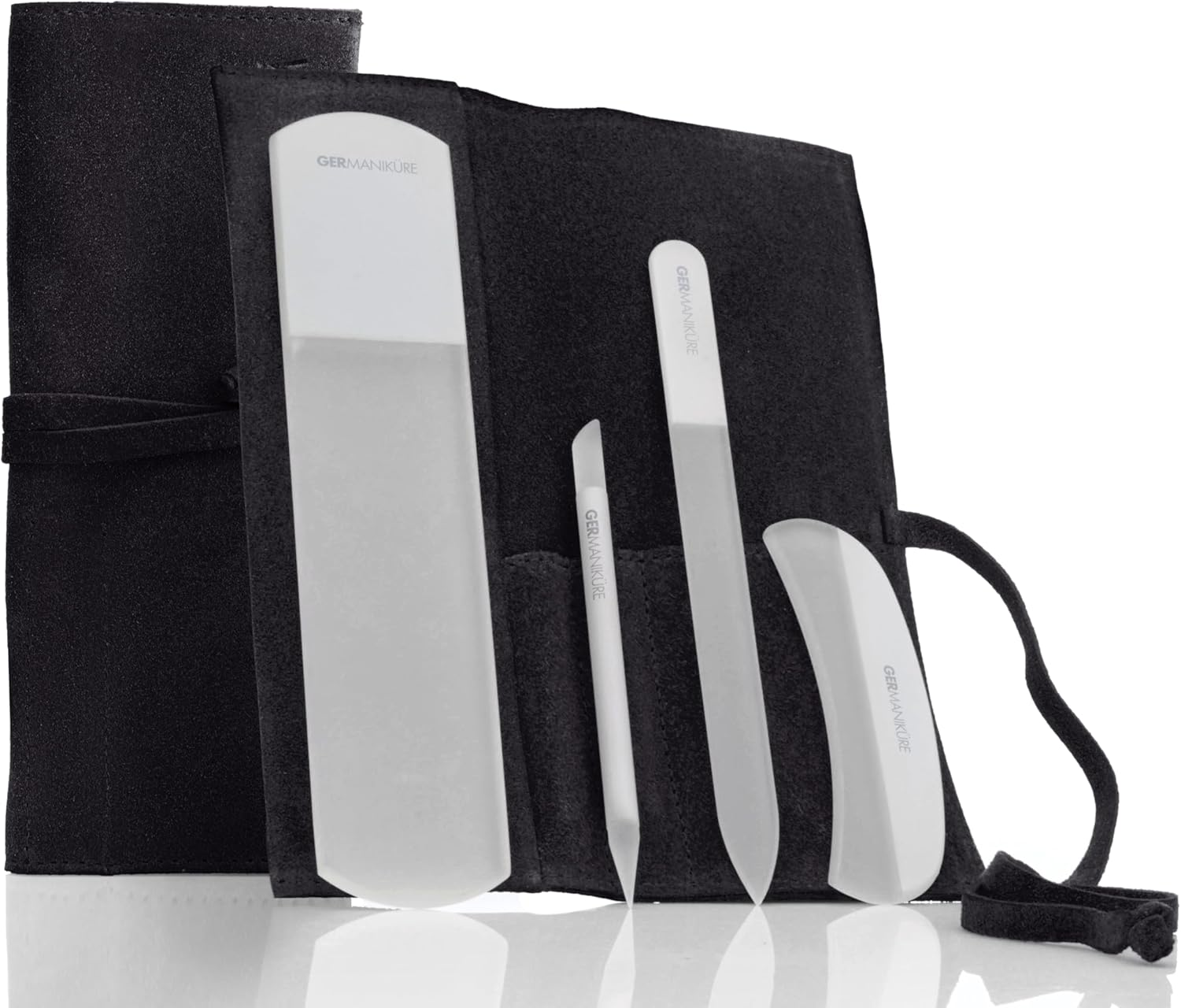 Germanikure 4Pc Genuine Crystal Glass Nail File Set - Moon File, Manicure Stick, Nail File, Pedicure Bar in Leather