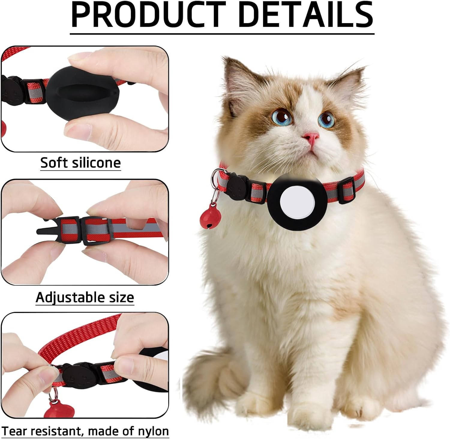 Cat Collar with Holder and Bell, Reflective, Compatible with Cat Tracker, Cat Collar with Safety Buckle, Adjustable Size, Nylon Strap, Comfortable GPS Not Included (Set B) image number 6