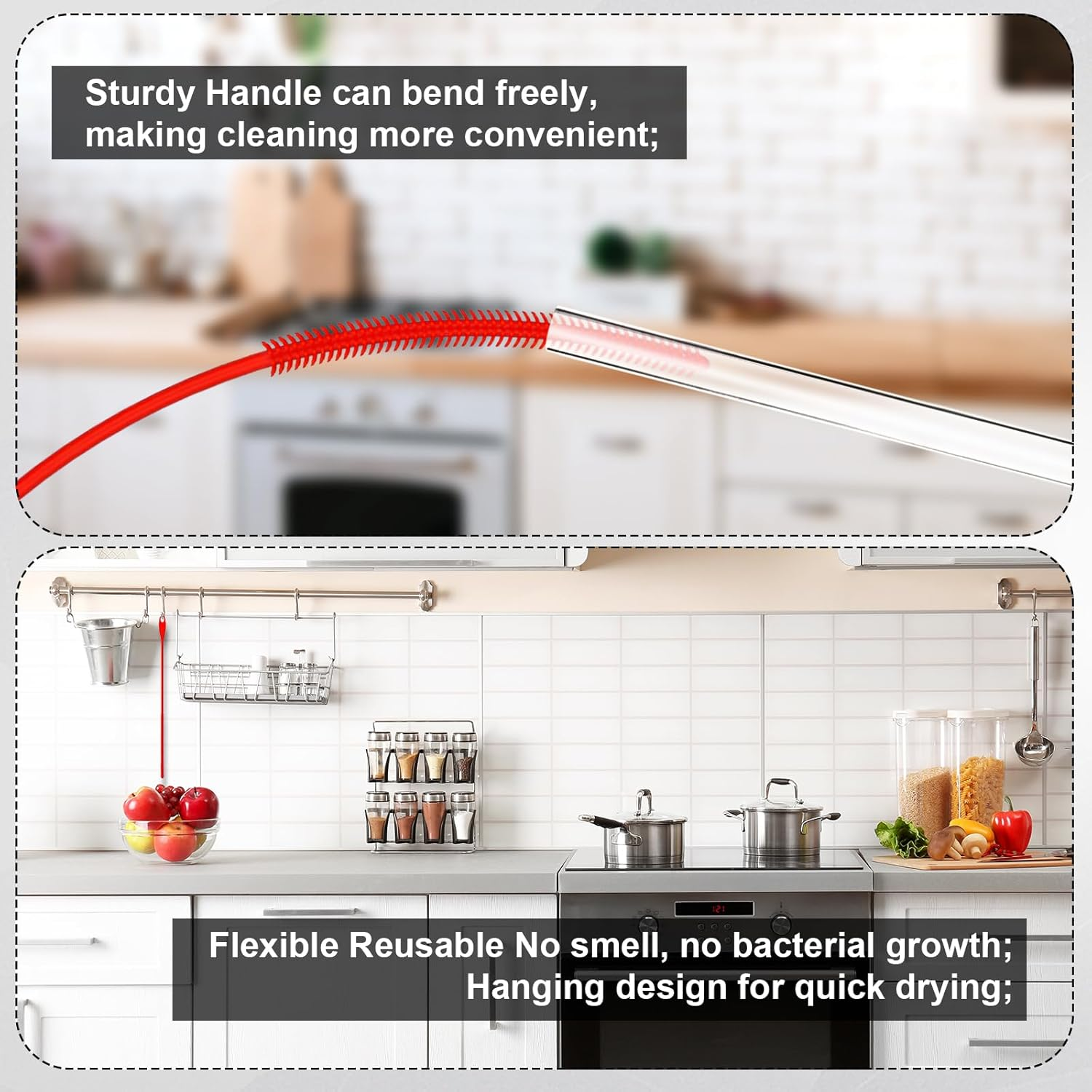 2Pcs Silicone Straw Brushes, Extra Long Straw Cleaning Brush Reusable Travel Drinking Bottle Straw Cleaner Bendable Crevice Brush Pipe Cleaners for Smoothie Straw Washing, Red (6Mm+8Mm) image number 5