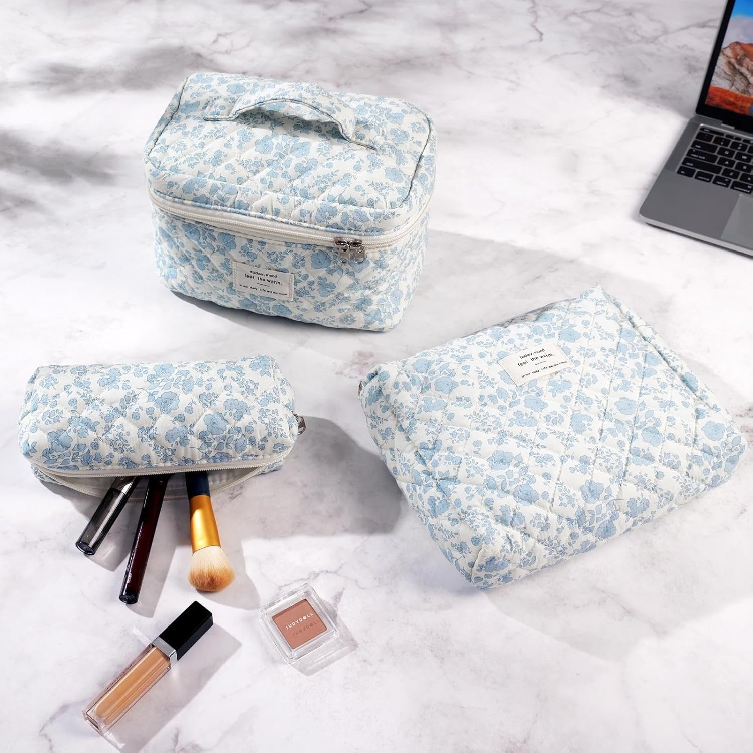 3 Pcs Cotton Quilted Makeup Bag Set,Floral Makeup Bag,Cute Makeup Bag,Travel Makeup Bag,Large Toiletry Cosmetic Bag Makeup Bag Organizer for Women Girls image number 5