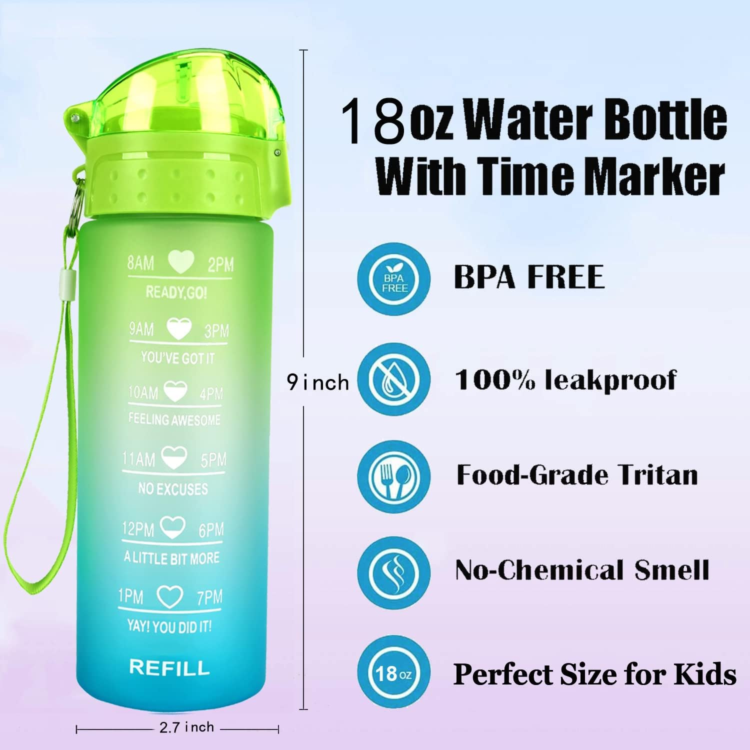 XACIOA 18Oz Water Bottle Kids with Straw,Drink Bottle with Time Marking Leakproof BPA Free,Ensure You Drink Enough Water Throughout the Day for Fitness and Outdoor Enthusiasts - 18-Lanzi image number 4