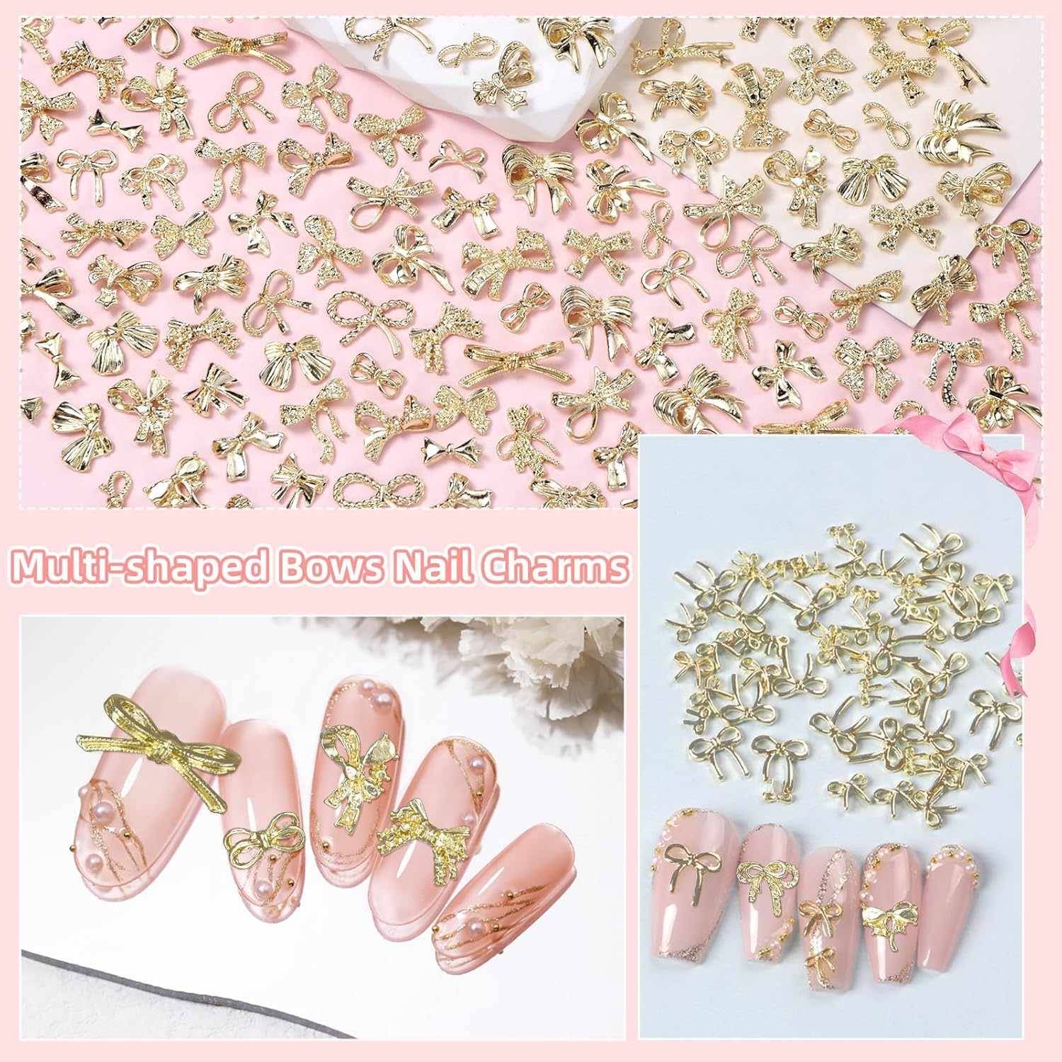 32 Styles 160 Pcs Metal Golden Bow Nail Charms, 3D Alloy Bow Bowkont Nail Charms for Acrylic Nails, Gold Bows Nail Art Charm for Nails DIY Y2K - S3 image number 2