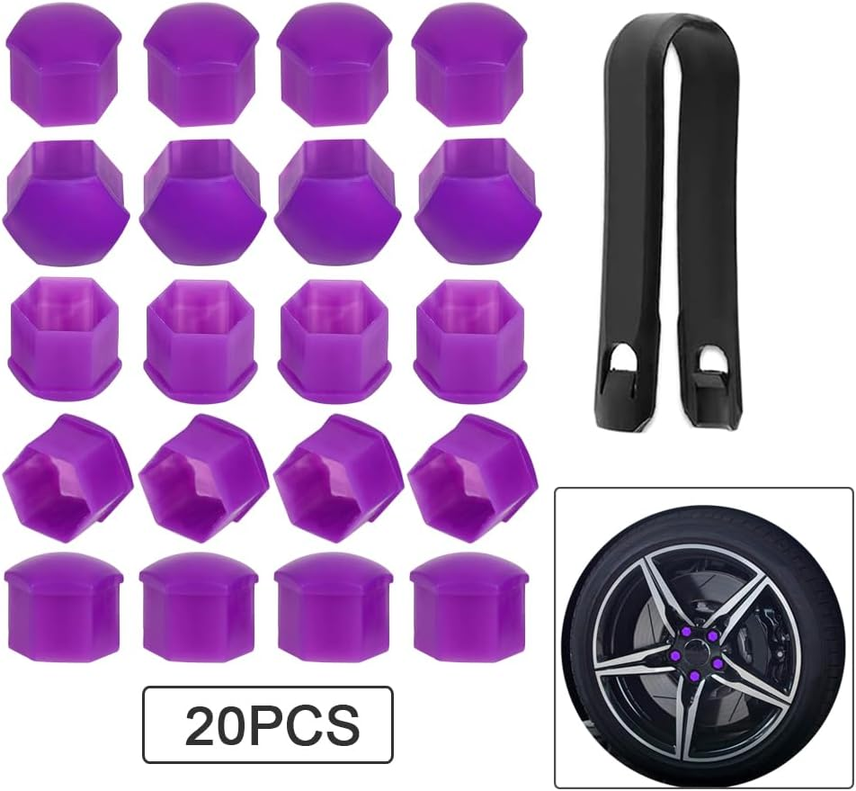 Qitindasen Pack of 20 17 Mm Car Wheel Nut Covers, Universal Tyre Nut Caps, Hexagonal Car Hub Screw Cover with Removal Tool (Purple) image number 2