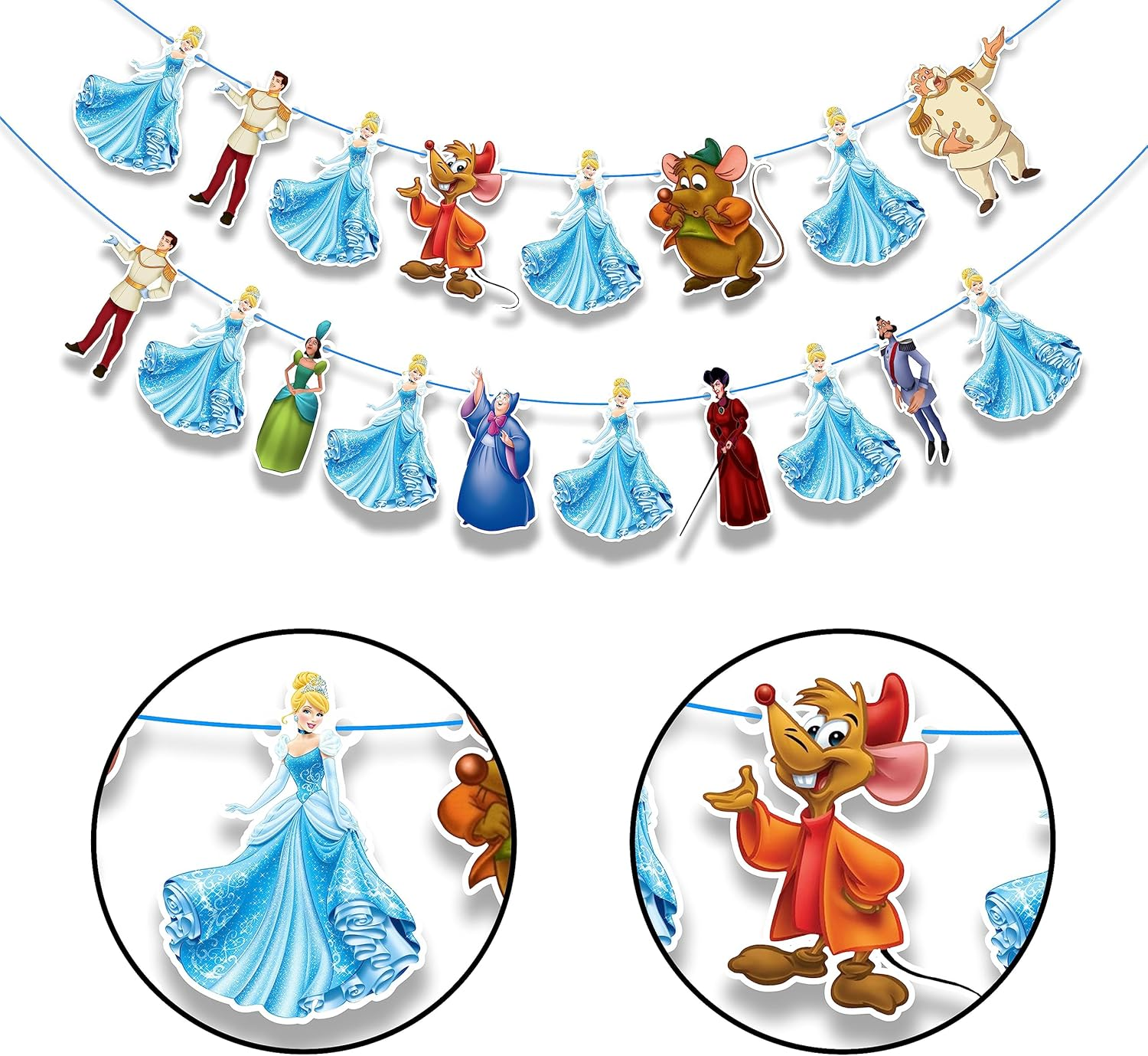 Cinderela Garland Decorations for Princess Birthday Parties, Fairy Tale Celebrations, and Royal Events &ndash; Elegant Blue and Silver Banner with Castle, Glass Slipper, and Crown Designs image number 4