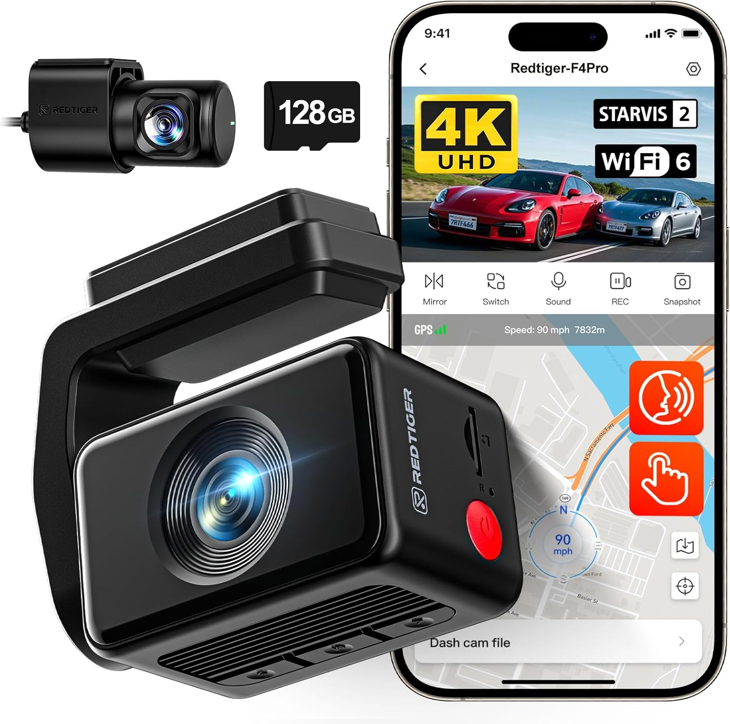 REDTIGER F4 Pro 4K Dash Cam Front and Rear, STARVIS 2 Sensor, 128GB Card Included, Built-In 5.8Ghz Wifi6, 2.2Inch Touch Screen Dash Camera for Cars, Voice Control, 24H Parking Mode image number 4