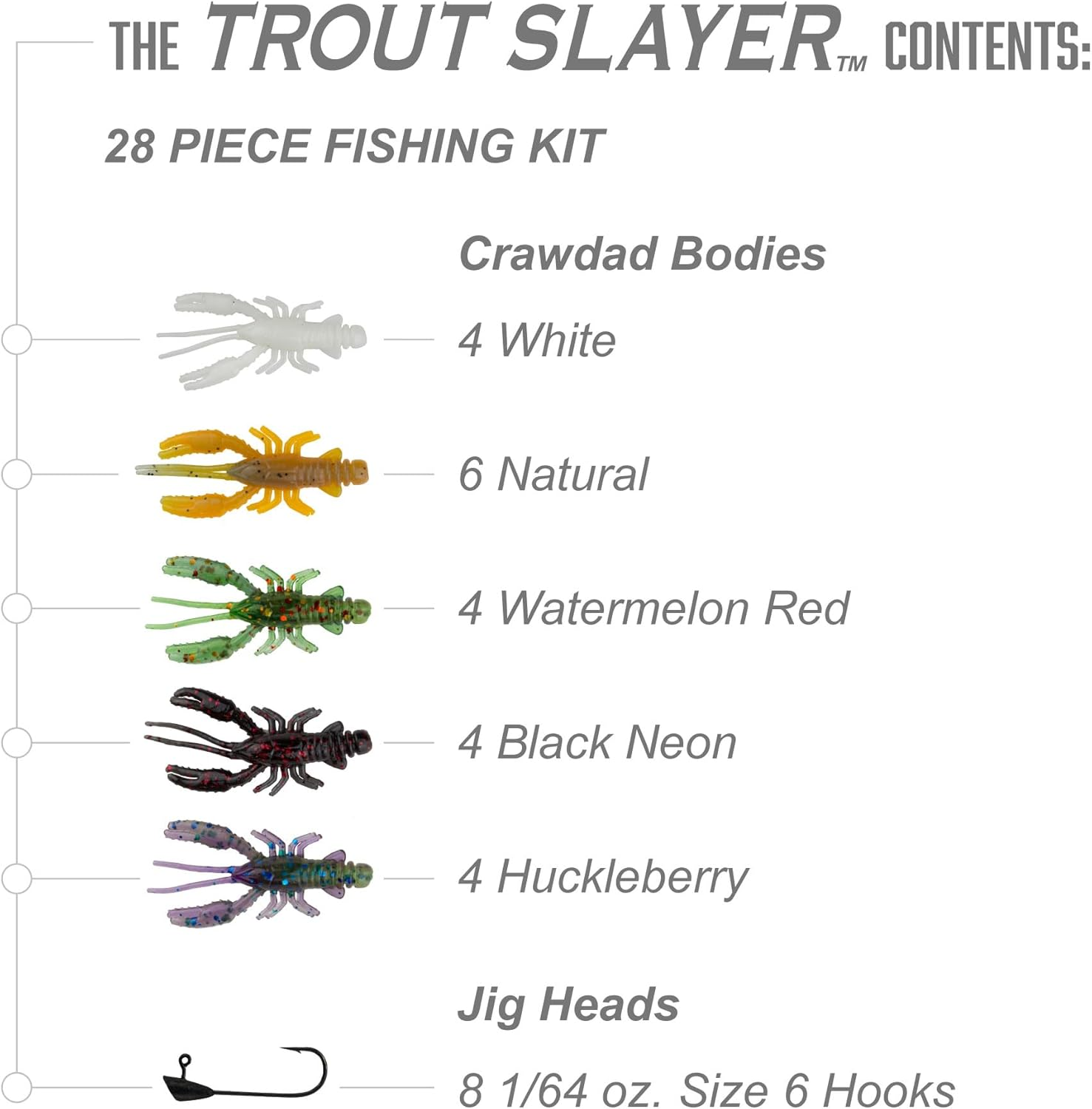 Trout Magnet Trout Slayer Kit - 20 Crawdad Bodies and 8 Size 6 Long Shank Hooks