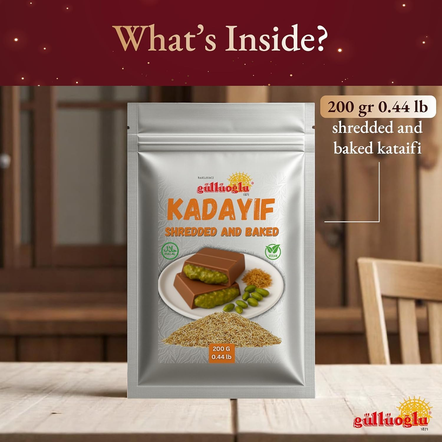 Gulluoglu Baked & Shredded Kataifi - 200 G - 0.44Lb Kadayif Chopped Fillo Dough, Shredded Phyllo, Kadayif Pastry Dough, Knafeh, Kunafa, Katifi, Kadayif Ingredient for Dubai Chocolate Bar