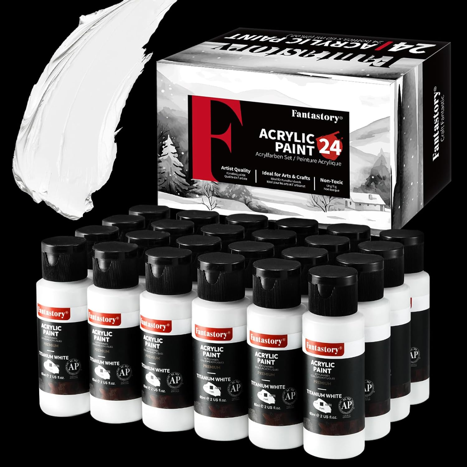 Fantastory White Acrylic Paint Set, 24X2Oz White Colors + 12 Brushes, Titanium White Paint for Canvas/Model/Wood/Metal/Rock/Ceramic/Model. Excellent Christmas Halloween Present [Professional Series]