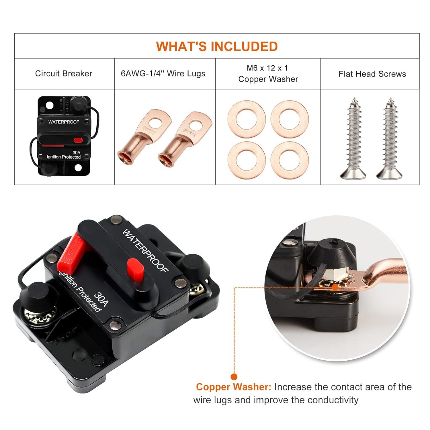 Erayco 50 Amp Circuit Breaker with Manual Reset for Car Marine Trolling Motors Boat ATV Manual Power Protect for Audio System Fuse, 12V-48VDC, Waterproof (50A) image number 2