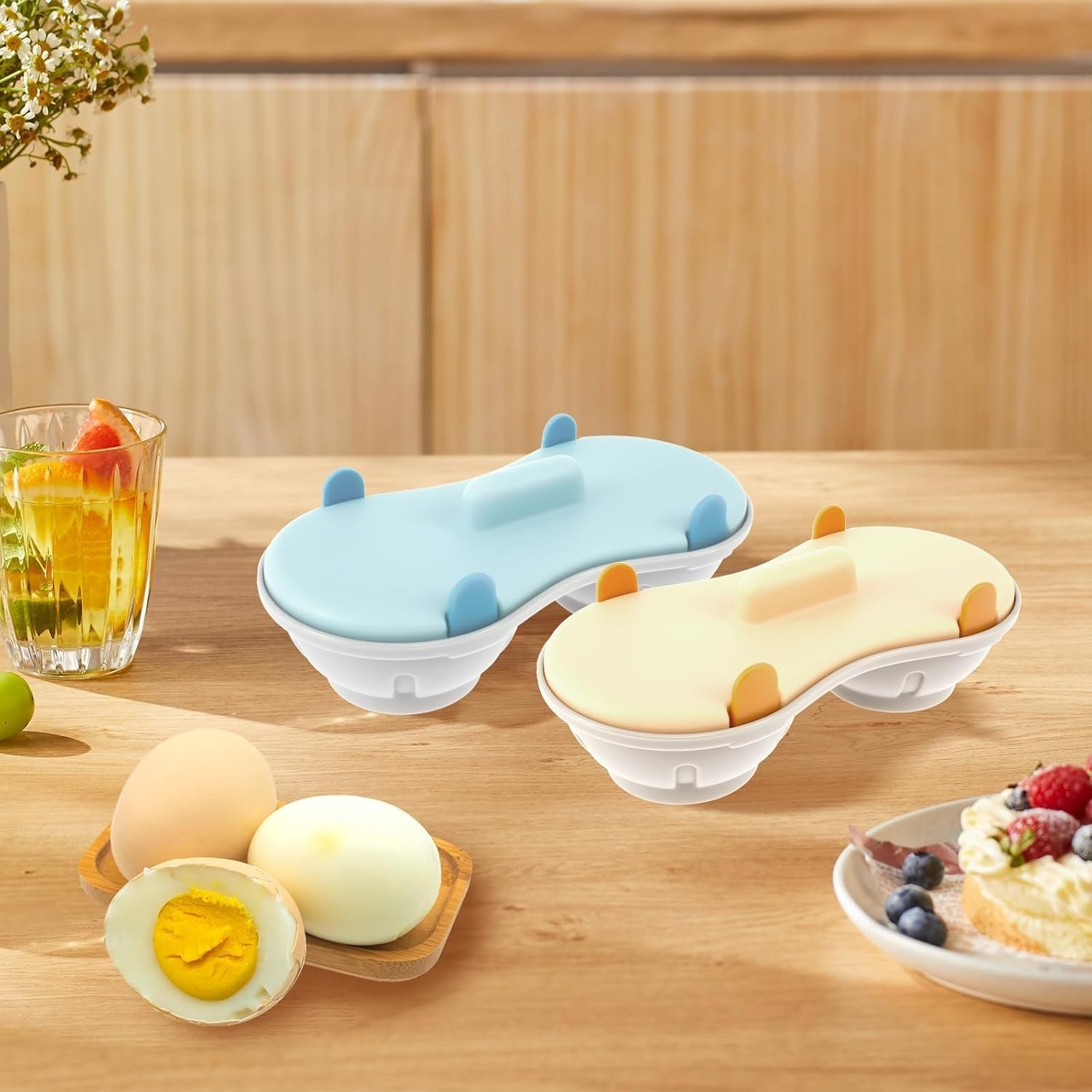 Egg Poacher Microwavable, Microwave Egg Cooker, Breakfast Double Row Egg Cooker, Heat Resistant Egg Maker Poached Egg Steamer Kitchen Gadget (Orange+Blue) image number 5