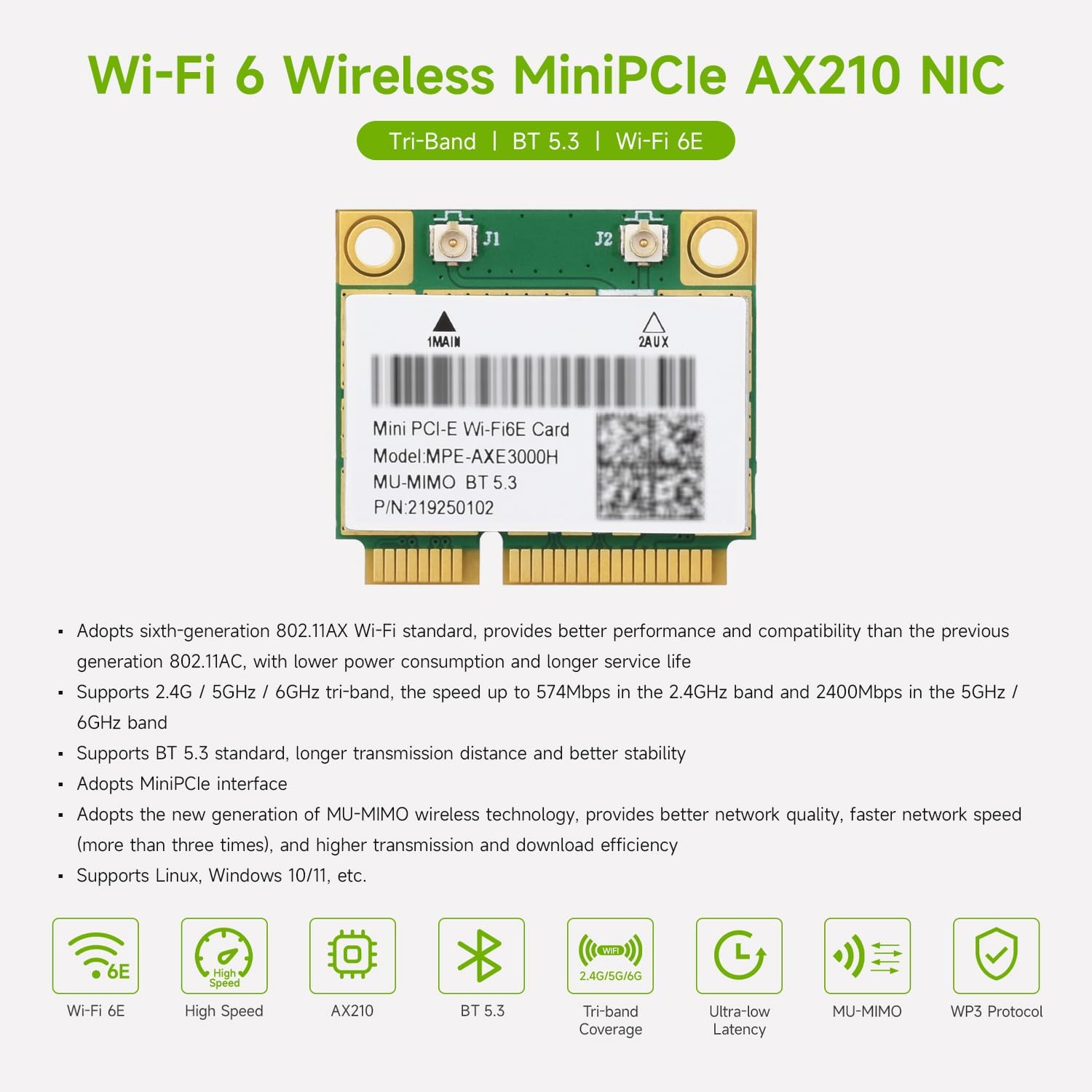 Waveshare Wire-Less MINIPCIE AX210 NIC, Compatible with Linux, Windows 10/11, Gigabit Tri-Band Wi-Fi 6E, 802.11AX Standard, Blue-T 5.3 image number 1