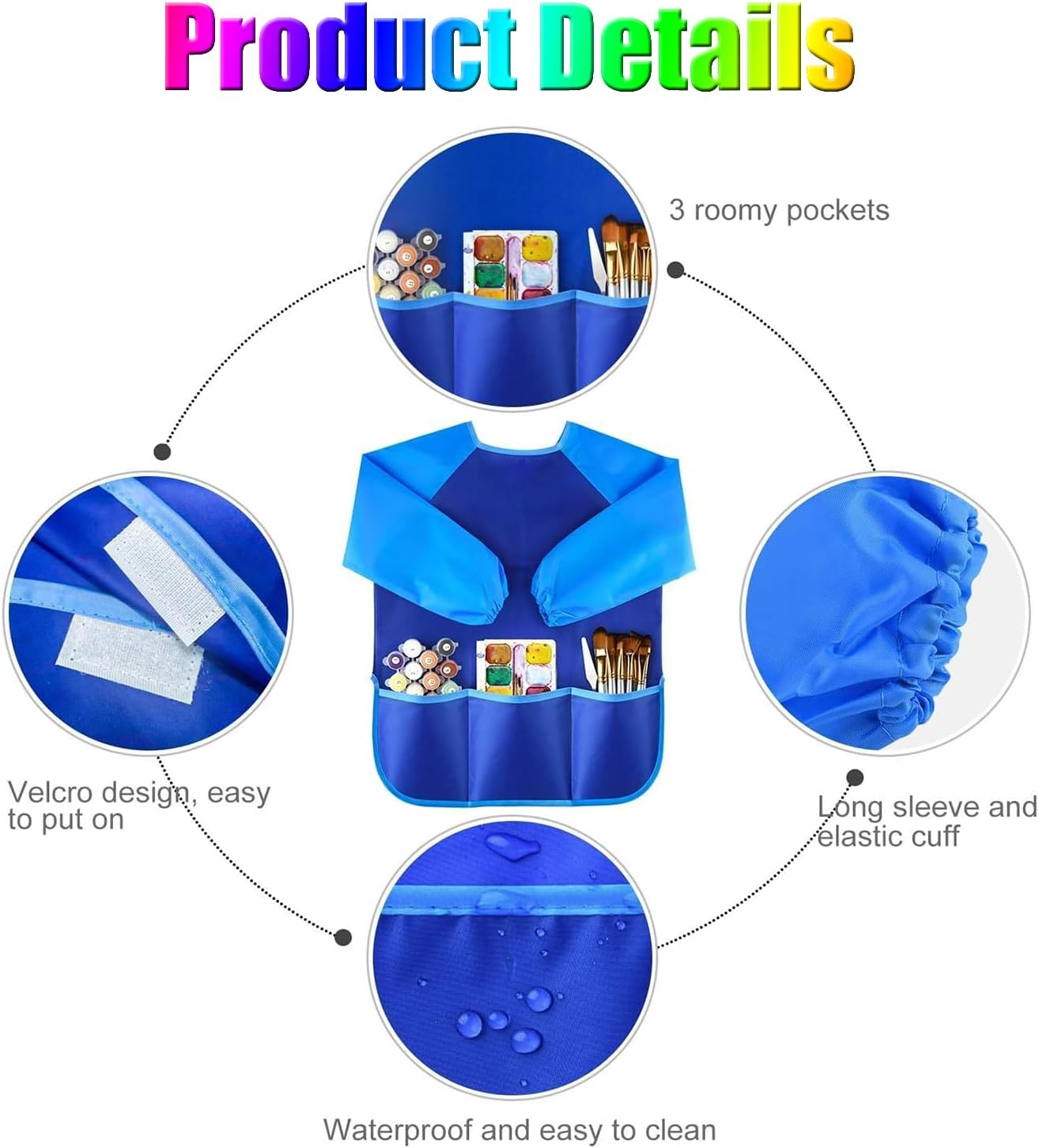 WADY Kids Painting Apron, Waterproof Art Smocks for Child 5-8 Years, Child Height 120Cm, Children Artist Apron with Long Sleeve and 3 Pockets, Baking/Cooking/Painting/Art Craft Aprons image number 4