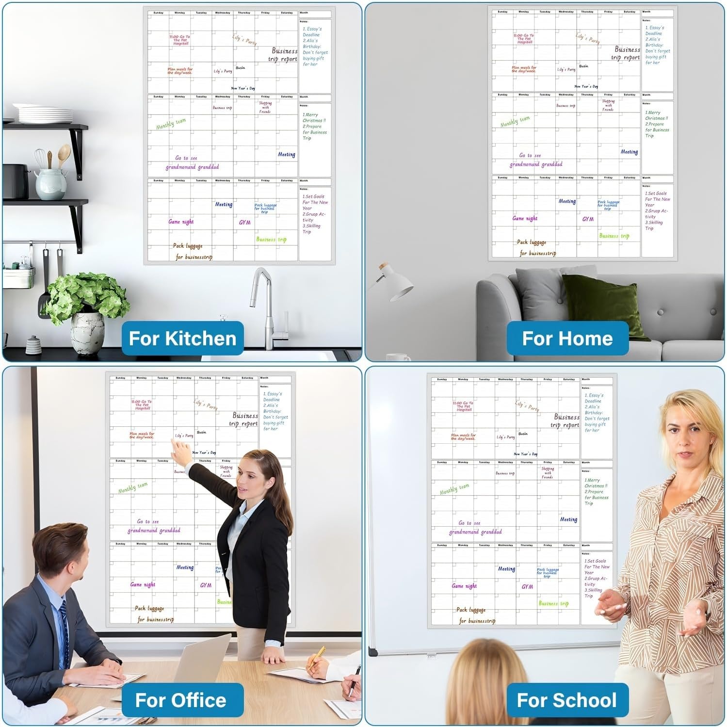 Large Dry Erase Calendar - Undated 3 Monthly Wall Calendar Laminated, 48" X 32", Blank Reusable Calendar Planner with Large Daily Boxes, Notes, Stickers, Great for Home, Office, Classroom, Grey image number 2