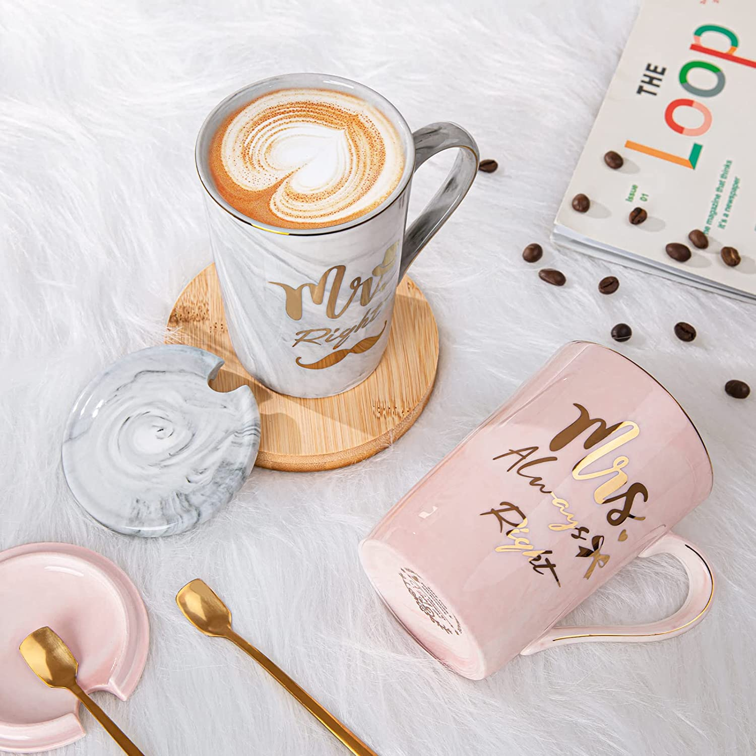 ALBISS Mr Right Mrs Always Right Couple Coffee Mugs Cups - Bridal Shower Wedding Anniversary Valentines Day Gift - Bride and Groom Newlyweds Married Couples Ceramic Marble Cups Set, 14Oz Pink & Grey&hellip; image number 5