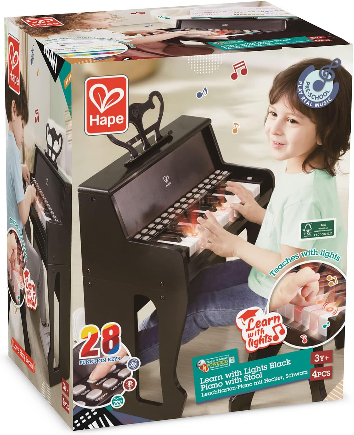 Hape Learn with Lights Mini Piano W/Stool Kids/Childrens Musical Toy 3Y+ Black