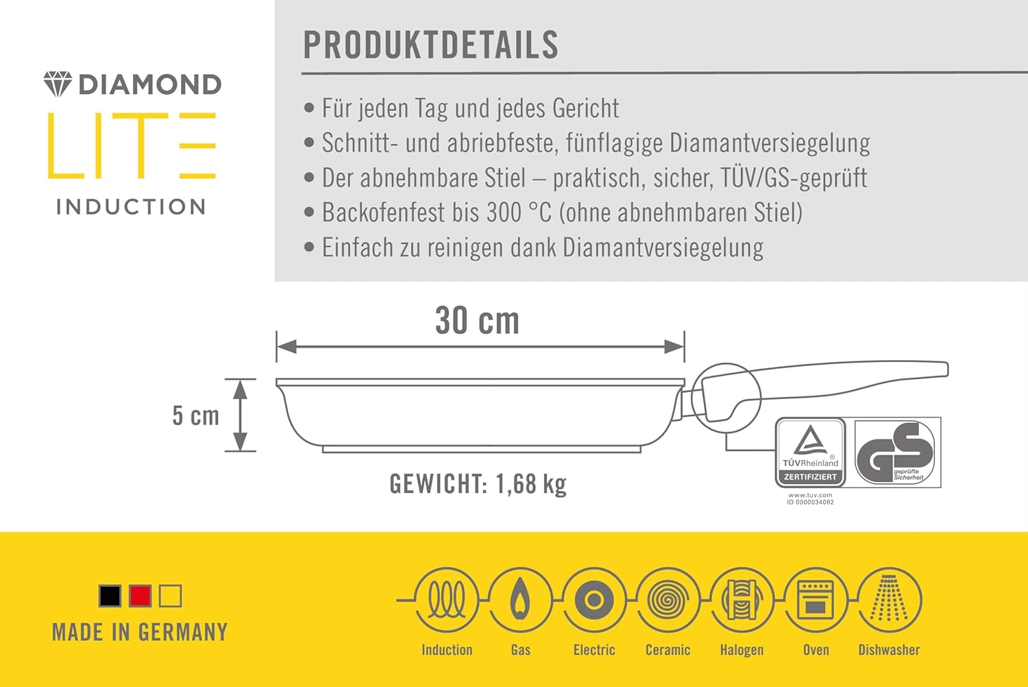 Woll Diamond Lite Flat Pan Inductive Diameter 30 Cm Height 5 Cm with Removable Handle Suitable for All Hob Types Cast Aluminium Non-Stick Coating Oven-Proof Anthracite image number 1