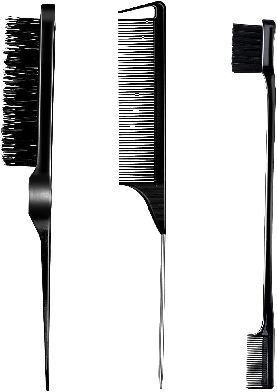 Street27&reg; 3Pcs Slick Back Hair Brush, Hair Bun Hair Accessories for Women Girls Bun Maker for Kids, Edge Brush, Bristle Teasing Brush, Rat Tail Comb for Parting Smoothing Flyaways (Black) image number 2