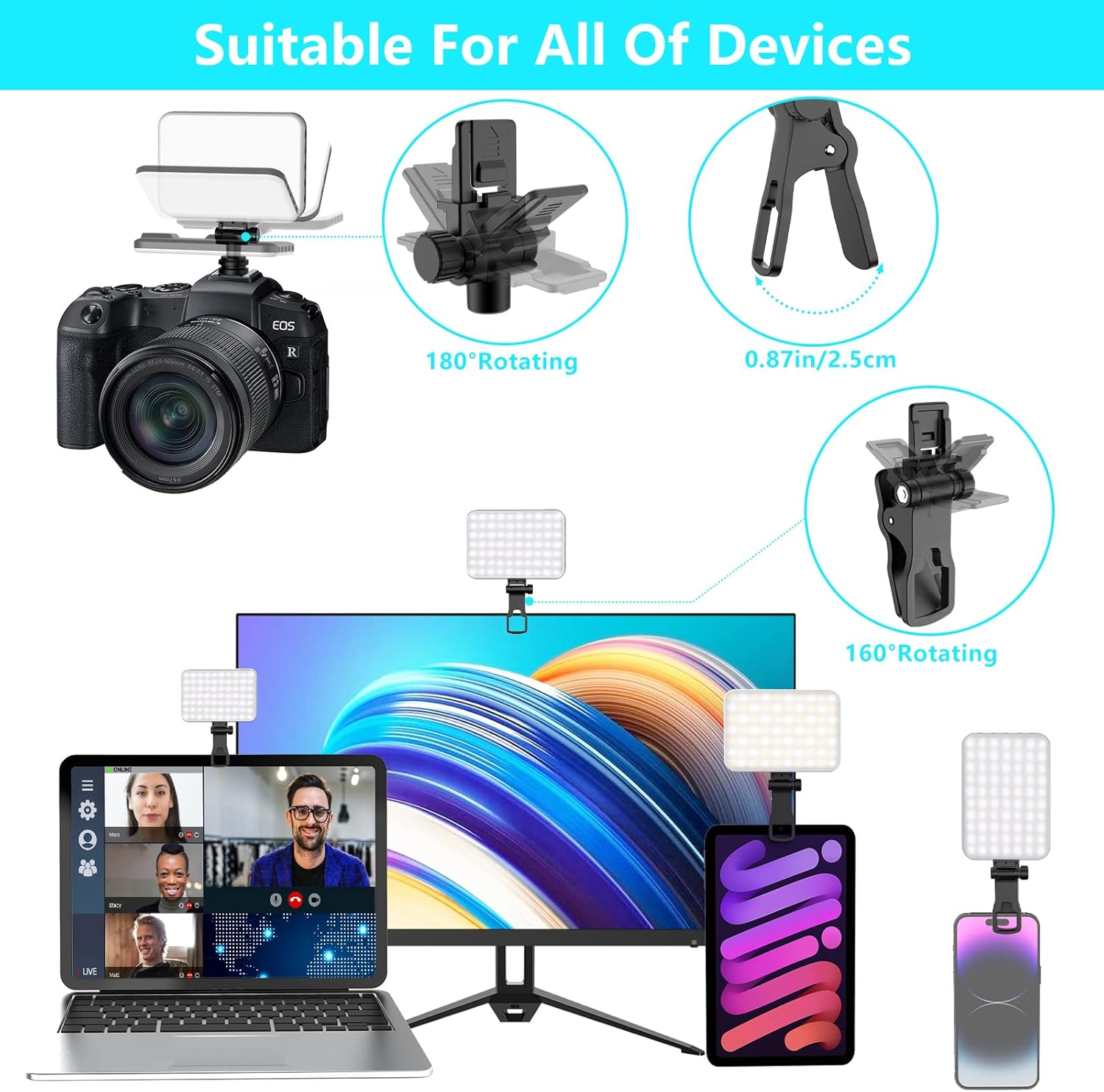 Selfie Light, 60 LED 2200Mah Rechargeable Cell Phone Fill Light 7 Modes, 10-Level Brightness, Portable Clip on Light for Phone/Tablet/Laptop, Zoom Call Vlog Makeup Tiktok Video Fill Light image number 6