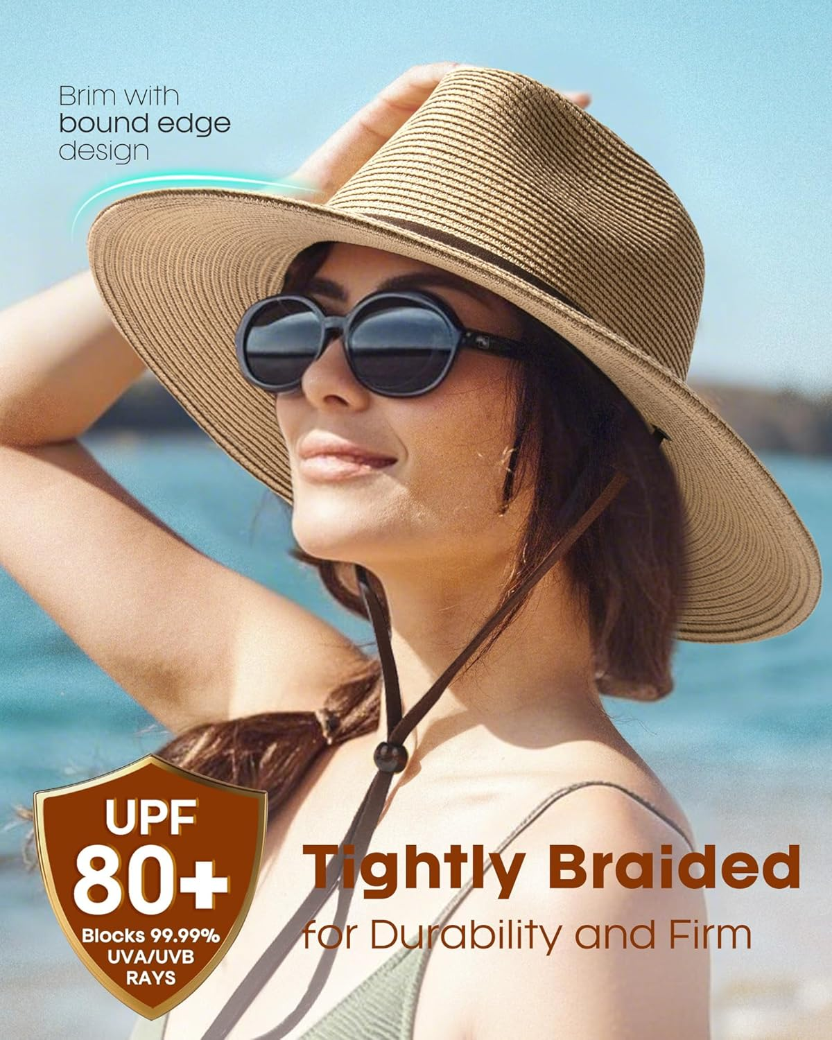 FURTALK Womens Sun Hat Summer Straw Beach Hats UPF 80+ Wide Brim Panama Fedora Hats with Wind Lanyard