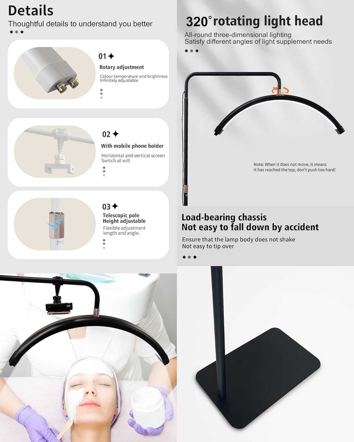 Lash Light for Eyelash Tech-Esthetician Ring Light, Half Moon Light for Led Lash Lamp Extensions, Tattoo Artists, Nail Tech - Cool, Warm Lamp with Adjustable Brightness & Height, Phone Holder (Black) image number 4