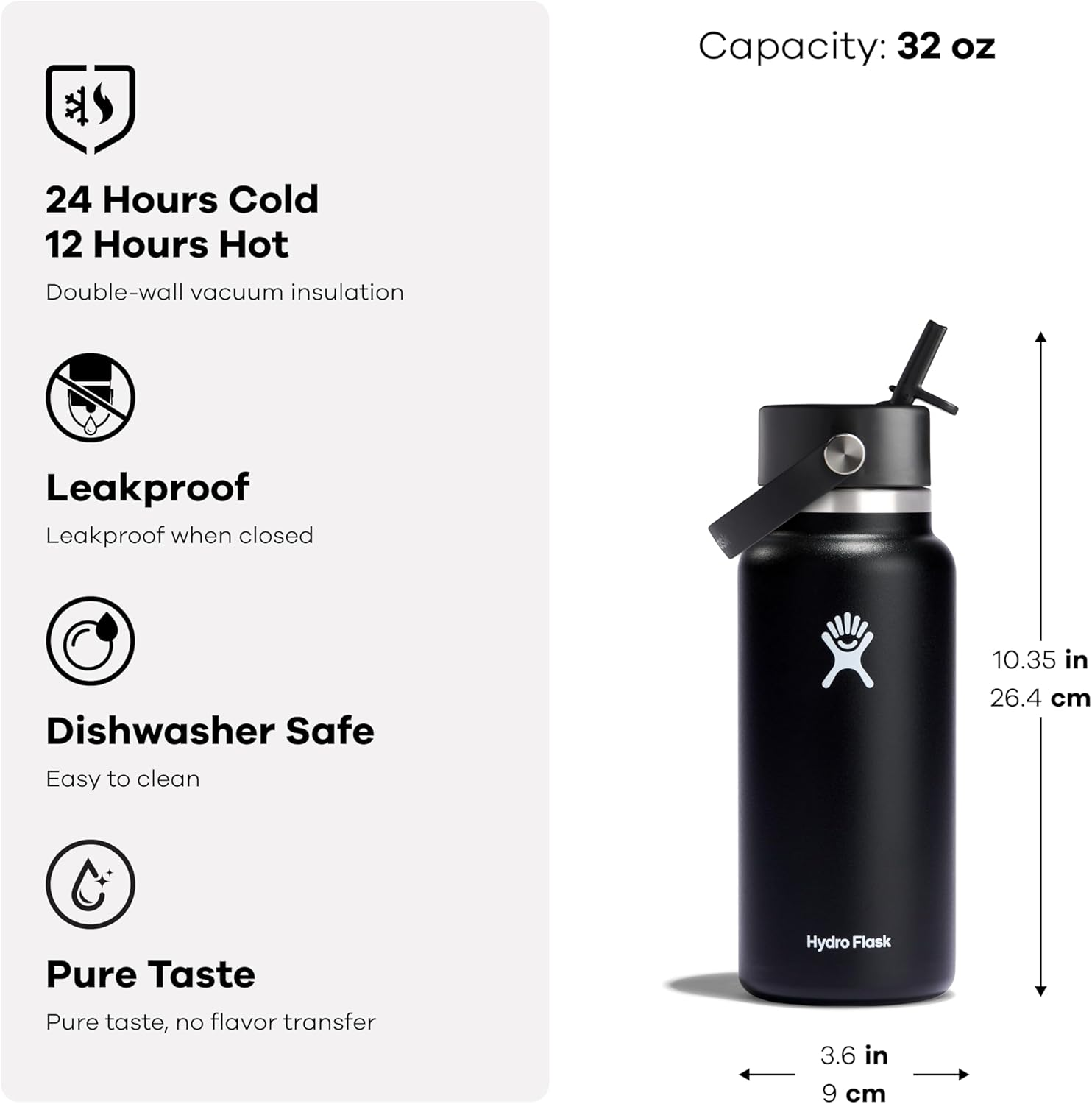 Hydro Flask Water Bottle - Insulated Stainless Steel - Wide Mouth Flex Straw Lid, Non Spill, Leakproof and Refillable in 32 Oz Sandpiper image number 6