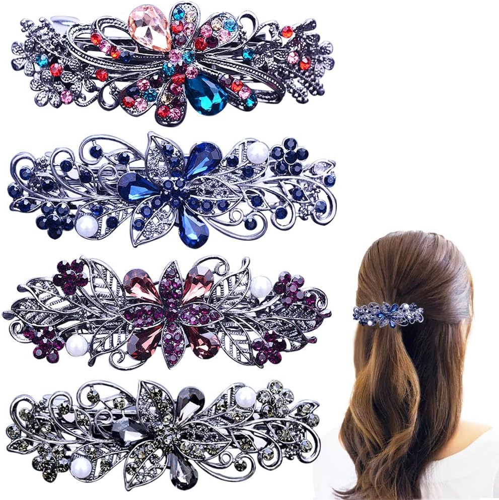 4 PCS Hair Barrettes for Women Ladies, Flower Crystal Rhinestones Barrette Pearl Spring Hair Clip Accessories Women Fashion Ponytail Holders Barrette for Daily Wear Mothers Day Present image number 1