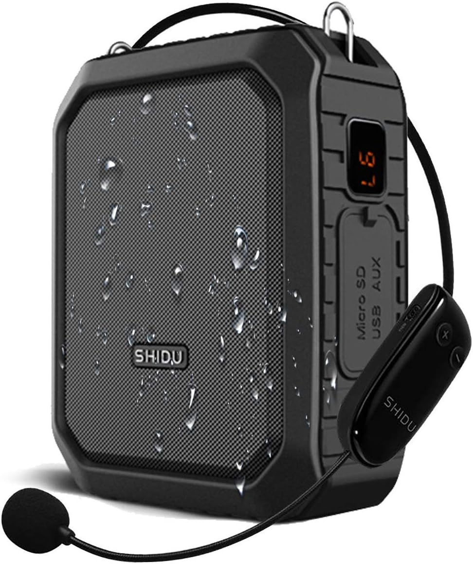SHIDU Wireless Voice Amplifier Bluetooth Speaker 18W Waterproof Portable PA System with UHF Wireless Mic Headset Rechargeable Voice Enhancer Personal Microphone for Classroom Outdoors Tour Guide
