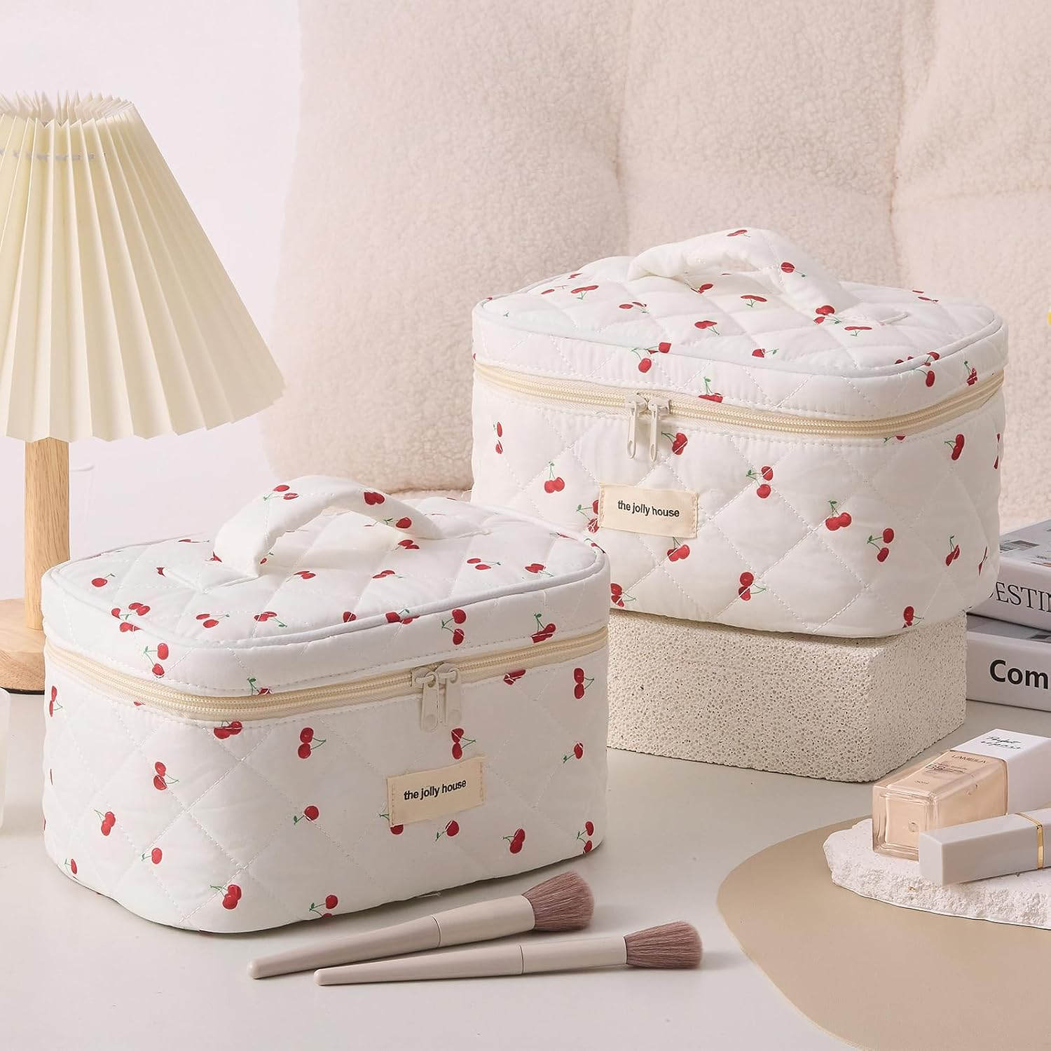 Quilted Cosmetic Bag Large Capacity Travel Cosmetic Bag for Women and Girls, Aesthetic Storage for Daily and Travel (Red Bigcherry) image number 5