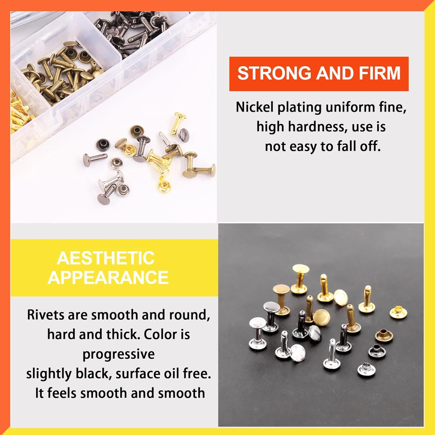 Tanstic 365Pcs Leather Rivets Kit, 3 Sizes 4 Colors Double Cap Rivets Flat Tubular Metal Studs with Rubber Hammer and Setting Tool Kit for Leather Craft Repair Decoration(Silver/Gun Black/Bronze/Gold) - C Kit image number 5