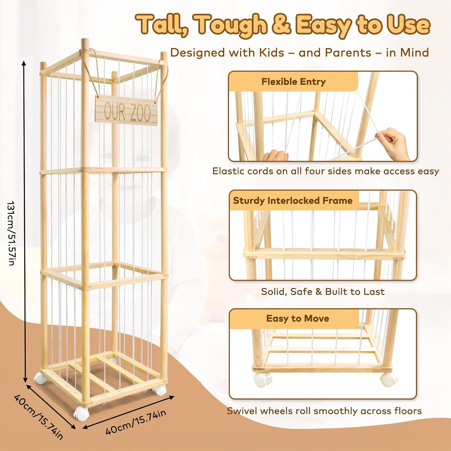 Wooden Plush Toy Storage Tower with Wheels, Stuffed Animal Storage Elastic Cord Cage for Plush Toys, Soft Toy Organiser for Kids' Room & Play Area image number 6