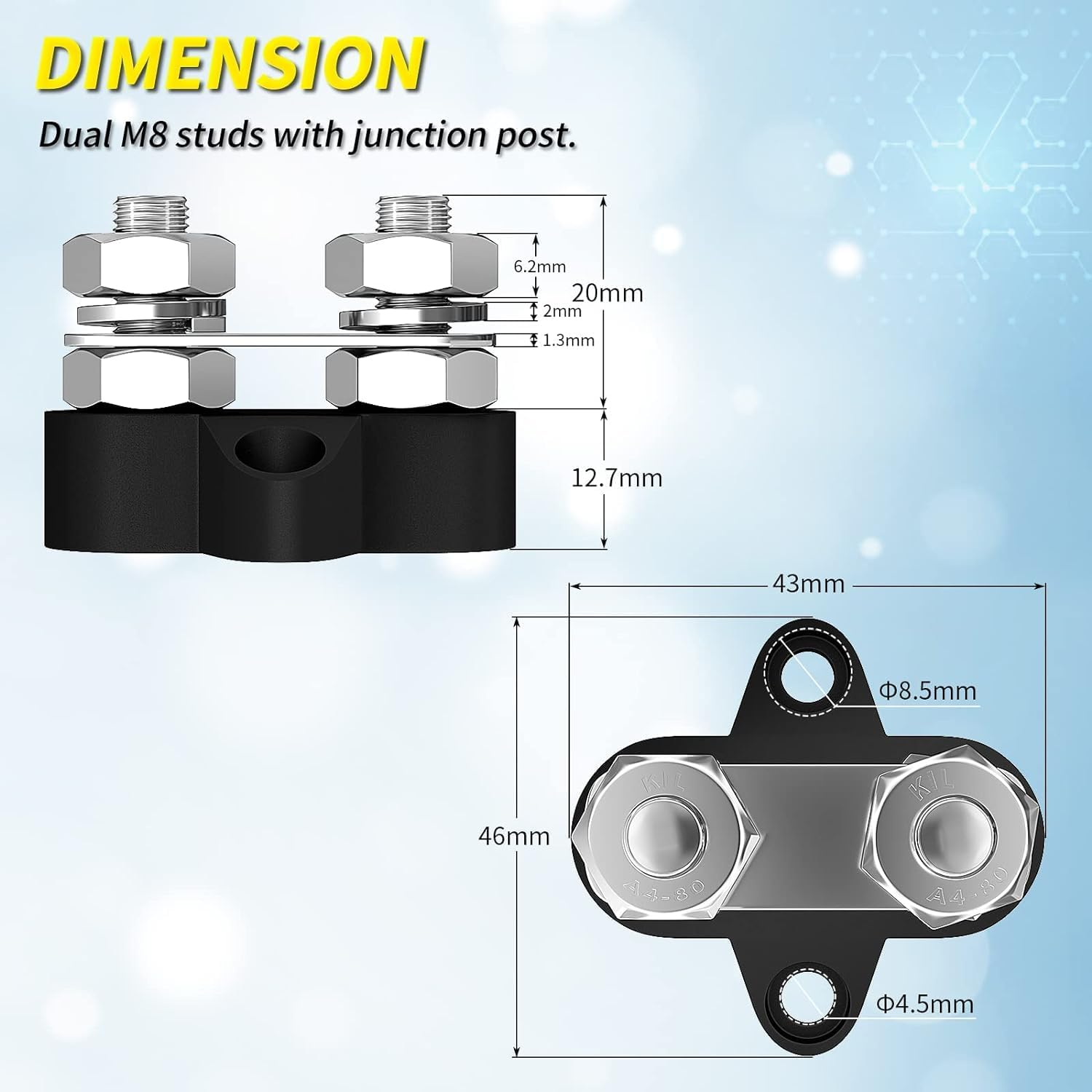 5/16" Bus Bar 12V 200A Battery Wire Power Distribution Terminal Block M8 Dual Studs Junction Block Post Positive&Negative Busbar for Auto Car Marine Boat image number 3