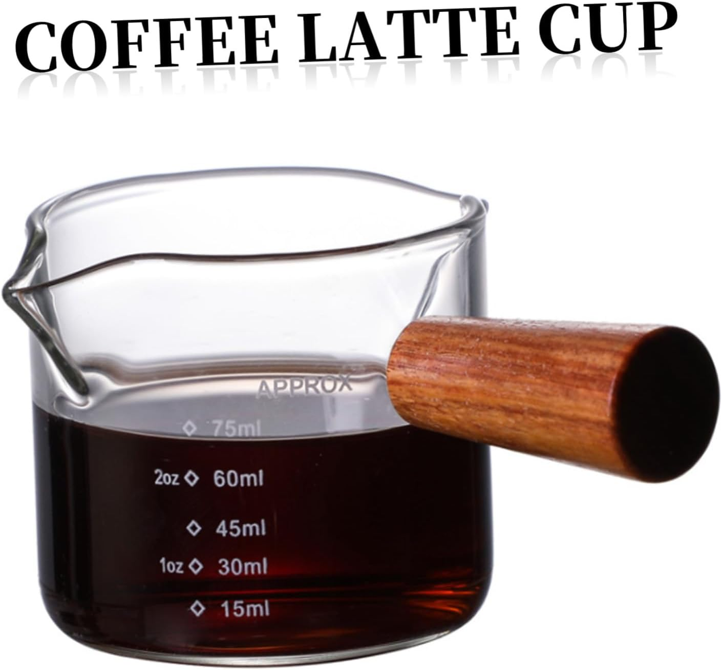 EXAOMBLE Glass Milk Cup with Handle Double Mouth Measuring Cup Thick Glass Coffee Latte Art Pitcher for Home Bar Espresso Frothing and Milk Pouring, Wooden Handle Design image number 1