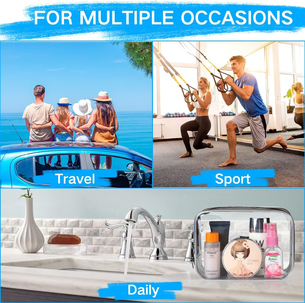 TSA Toiletry Bag, VASCHY 4 Pack Clear Makeup Bag Water Resistant Cosmetic Bag, Airline Carry on Travel Bag for Men and Women, Transparent Wash Bag, Black-Pink - Black-Pink-Blue-Green, 4 Pack image number 5